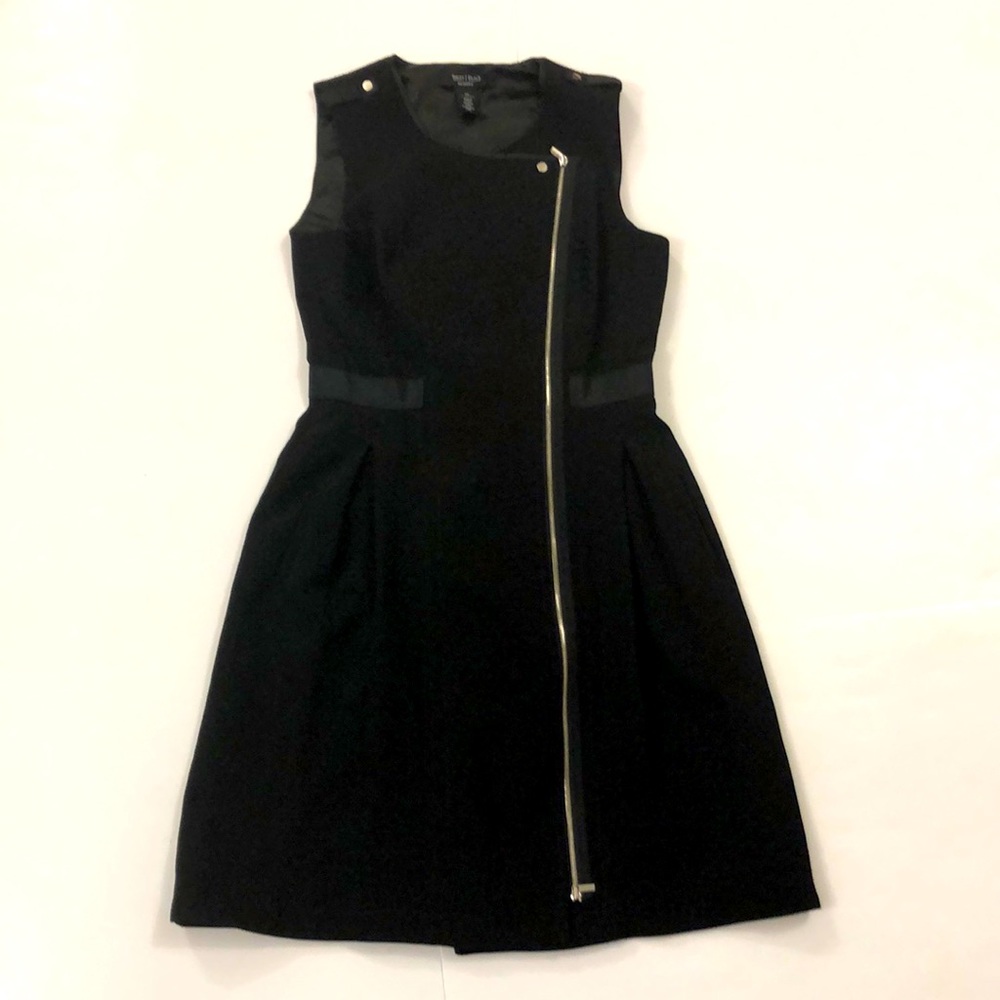 White House 0 Petite Black Market Black Dress silver 2 way zipper pleat Excellen
